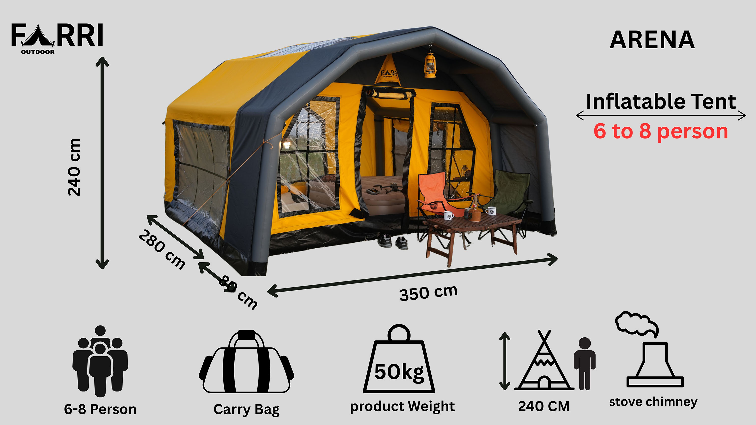 Arena Model Inflatable Tent 9.8 m² | For 6-8 People | 5 Seasons Yellow Color - Image 2